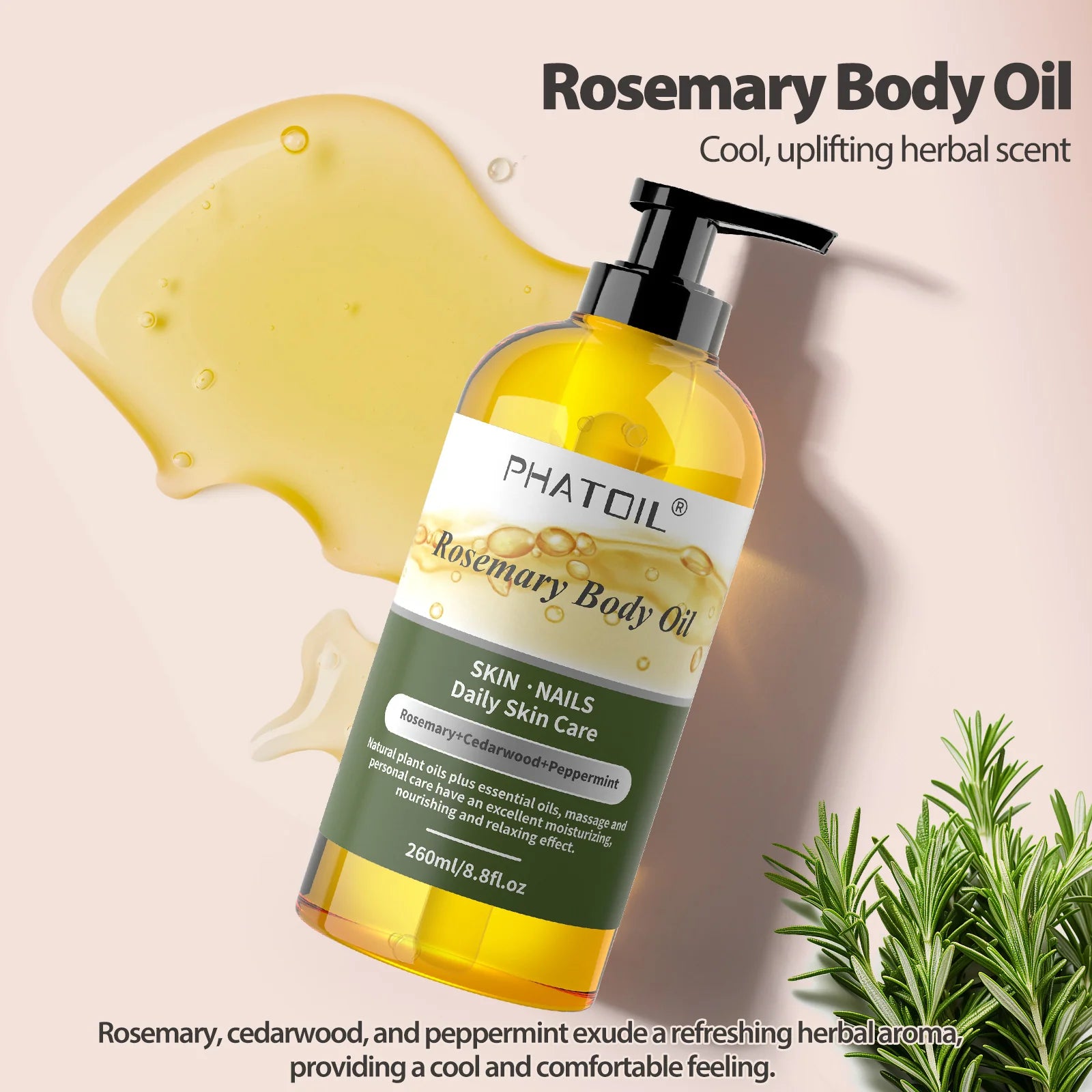 PHATOIL Huile corporelle au romarin après la douche avec pompe 260 ml (8,8 fl.oz) Huile de massage de qualité supérieure Huiles corporelles pour peau sèche Huile de romarin pour cheveux Mélanges d'huiles végétales naturelles et d'huiles essentielles