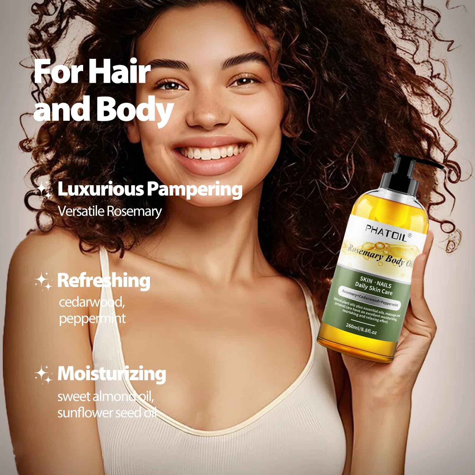 PHATOIL Huile corporelle au romarin après la douche avec pompe 260 ml (8,8 fl.oz) Huile de massage de qualité supérieure Huiles corporelles pour peau sèche Huile de romarin pour cheveux Mélanges d'huiles végétales naturelles et d'huiles essentielles