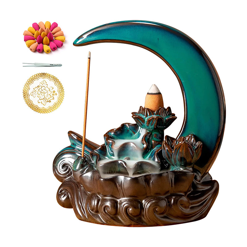 Brûleur d'encens de la lune Garmoly avec 60 cÎnes d'encens + 30 encens en céramique cascade encens du brûleur de back-reflux d'encens pour décoration intérieure d'ornement d'aromathérapie (cyan)