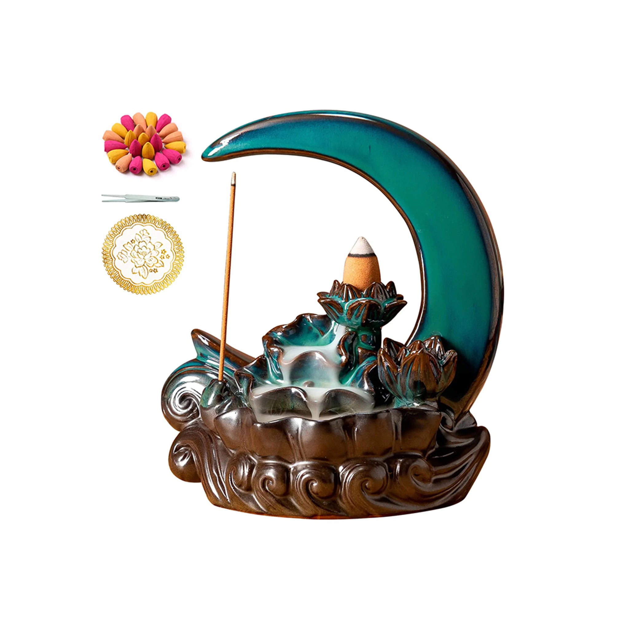 Garmoly Moon Weihrauchbrenner mit 60 Weihrauchkegeln + 30 Weihrauchstab Keramik Wasserfall Weihrauch Brenner Backflow Weihrauchhalter fĂŒr Aromatherapie Ornament Home Decor (Cyan)