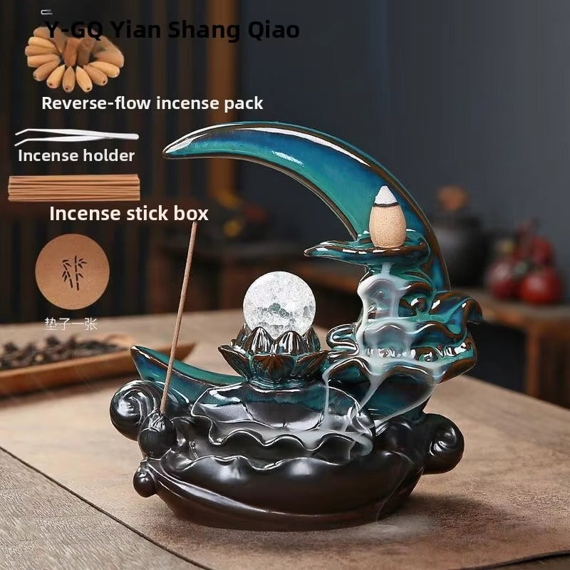 Brûleur d'encens de la lune Garmoly avec 60 cÎnes d'encens + 30 encens en céramique cascade encens du brûleur de back-reflux d'encens pour décoration intérieure d'ornement d'aromathérapie (cyan)