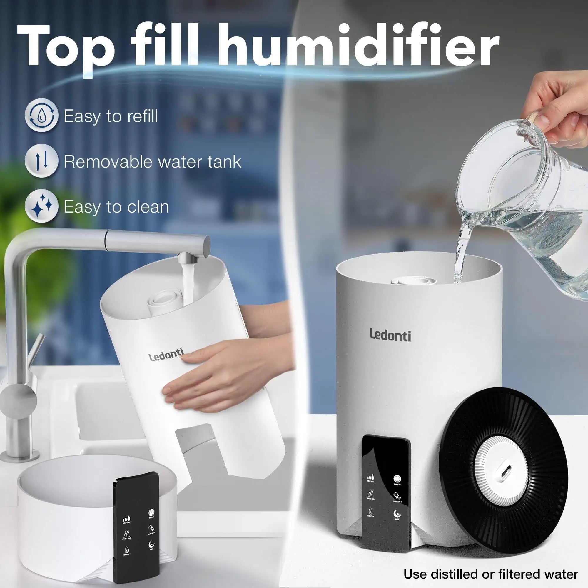 WiFi -Kontrollbefeuchter für Schlafzimmer Dual Mist (cool und warm)! Luftbefeuchter 4l