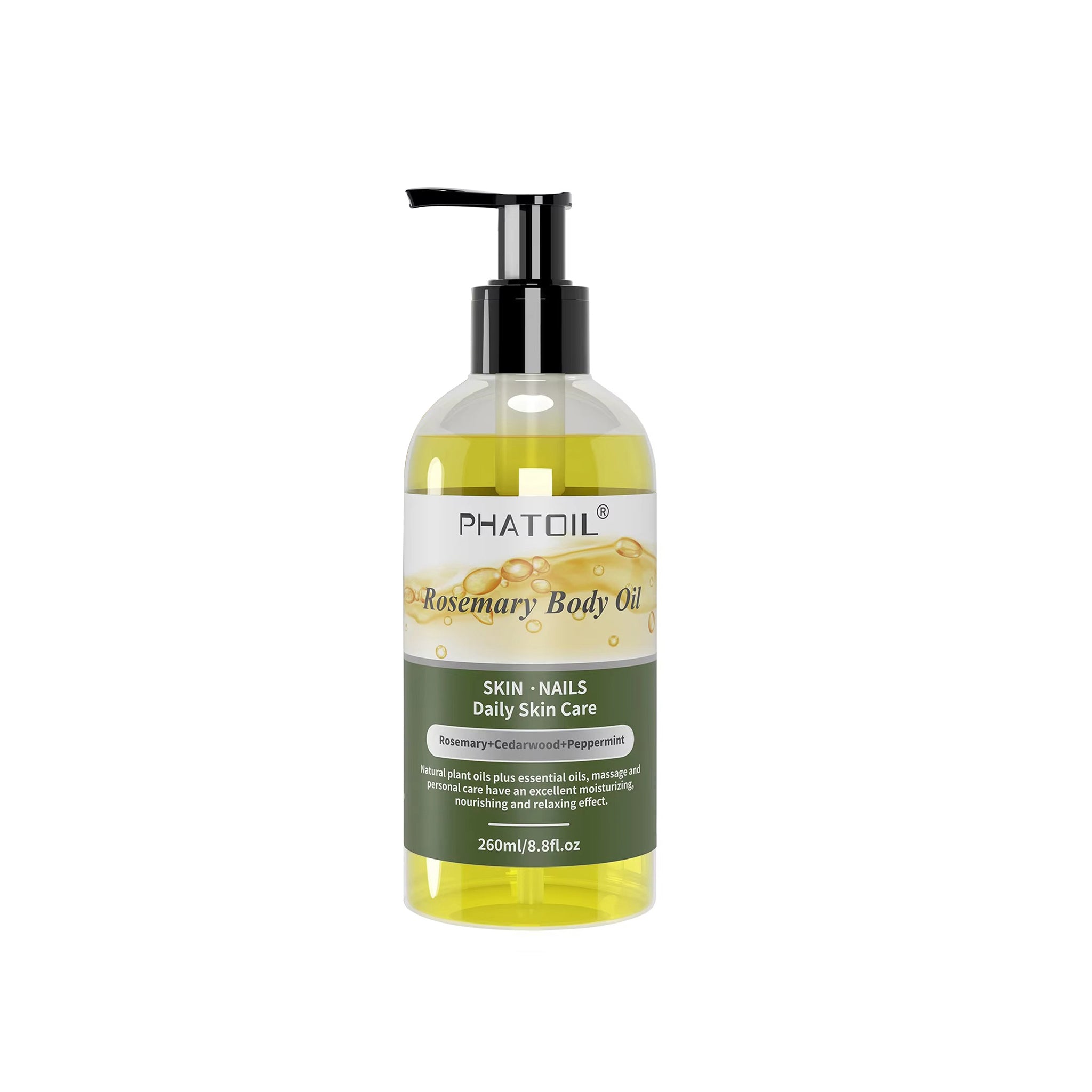 PHATOIL Huile corporelle au romarin après la douche avec pompe 260 ml (8,8 fl.oz) Huile de massage de qualité supérieure Huiles corporelles pour peau sèche Huile de romarin pour cheveux Mélanges d'huiles végétales naturelles et d'huiles essentielles