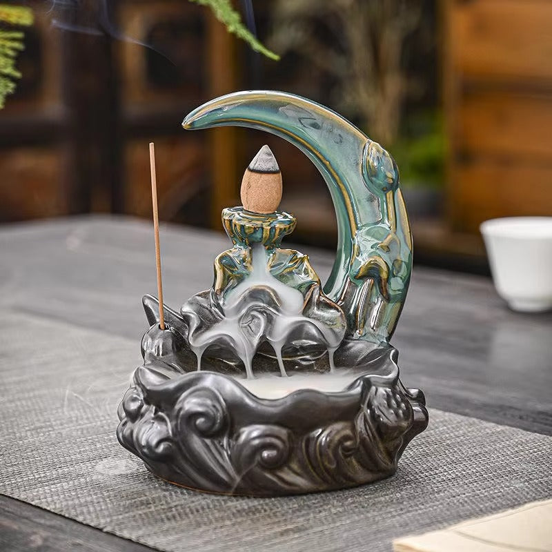 Garmoly Moon Weihrauchbrenner mit 60 Weihrauchkegeln + 30 Weihrauchstab Keramik Wasserfall Weihrauch Brenner Backflow Weihrauchhalter fĂŒr Aromatherapie Ornament Home Decor (Cyan)